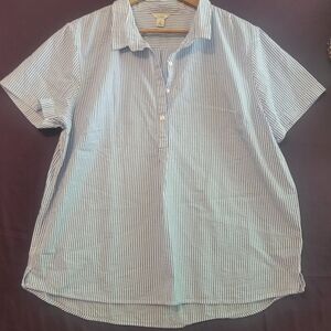 L.L. Bean Womens Blue and White Stripe 1/4 Button Down Cotton Shirt. Size XL